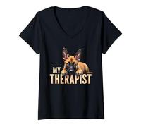 Mujer Funny Malinois Puppy My Therapist Pastor Belga Dog Camiseta Cuello V