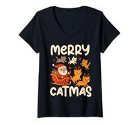 Mujer Funny Merry Catmas Holiday Humor Christmas Cat Lover with Santa Camiseta Cuello V