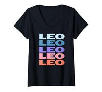 Mujer Funny Modern Repetitive Text Design Zodiac Leo Camiseta Cuello V