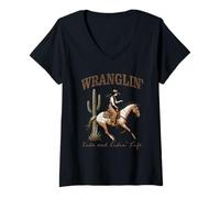 Mujer Funny Mom Riding. Western Cowboy Mama Wranglin' Kids Camiseta Cuello V