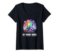 Mujer Funny My Tummy Hurts Rainbow Ghost Happy Halloween Candy Camiseta Cuello V