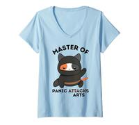 Mujer Funny Ninja Cat Master of Panic Attacks Art Anxiety Camiseta Cuello V