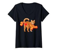Mujer Funny Orange Cat Butt Corazón Día de San Valentín I Love You Camiseta Cuello V