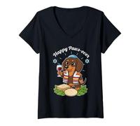 Mujer Funny Paws-Over Dachshund Happy Pascua Seder Vintage Camiseta Cuello V