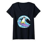 Mujer Funny Penguin está surfeando una Ola del océano 1 - Fan Fun Camiseta Cuello V
