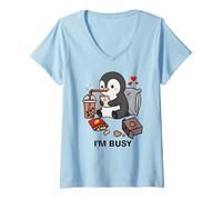 Mujer Funny Penguin Im Busy Boba Tea Snacks Zoo Niños Niñas Niños Camiseta Cuello V