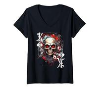 Mujer Funny Poker Player Apparel ::: Gray Red Cards Skull Camiseta Cuello V