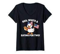 Mujer Funny Pregnancy Announcement Red, White Eating for Two Goose Camiseta Cuello V