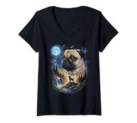 Mujer Funny Pug Aullando a la Luna Camiseta Cuello V
