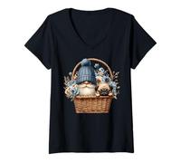 Mujer Funny Pug Dad Gnome With Blue Flower Decor For Pug Lover Camiseta Cuello V
