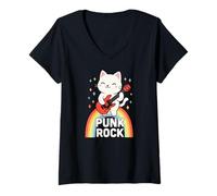 Mujer Funny Punk Rock Cat, Rock and Roll Guitarra Música Rock Band Camiseta Cuello V