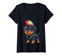 Mujer Funny Punk Rottweiler Rock'n Roll Goth Dog, Banda de Guitarra Cachorro Camiseta Cuello V