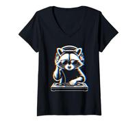 Mujer Funny Raccoon DJ with Headphones and Turntable Camiseta Cuello V