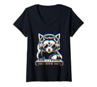 Mujer Funny Raccoon DJ with Headphones and Turntable Camiseta Cuello V