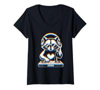 Mujer Funny Raccoon DJ with Headphones and Turntable Camiseta Cuello V