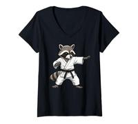 Mujer Funny Raccoon Doing Karate Samurai Ninja Raccoon Camiseta Cuello V