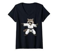 Mujer Funny Raccoon Doing Karate Samurai Ninja Raccoon Camiseta Cuello V