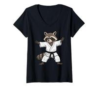 Mujer Funny Raccoon Doing Karate Samurai Ninja Raccoon Camiseta Cuello V