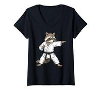 Mujer Funny Raccoon Doing Karate Samurai Ninja Raccoon Camiseta Cuello V