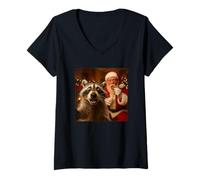 Mujer Funny Raccoon Selfie with Santa Eating Cookies Christmas Camiseta Cuello V