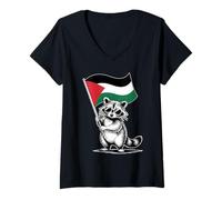 Mujer Funny Raccoon with Palestine Flag Camiseta Cuello V