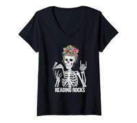 Mujer Funny Reading Rocks Skeleton Preescolar Escuadrón de alfabetización Pasado Camiseta Cuello V