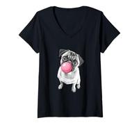 Mujer Funny Retro Kids Vintage Pink Bubble Gum Pug Dog Lover Camiseta Cuello V