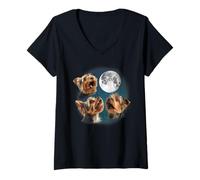 Mujer Funny Retro Vintage Three 3 Moon Howling Yorkshire Terrier Camiseta Cuello V