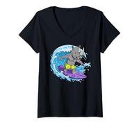 Mujer Funny Rhino está surfeando una Ola del océano 1 - Fan Fun Camiseta Cuello V