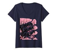 Mujer Funny Sakura Cute Cozy Cats - Árbol de cerezo japonés Camiseta Cuello V
