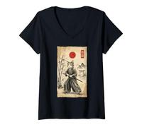 Mujer Funny Samurai Cat Warrior Japanese Ukiyo-e Ink Wash Painting Camiseta Cuello V
