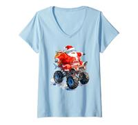 Mujer Funny Santa Shark Driving Monster Car Truck Día de Navidad Camiseta Cuello V