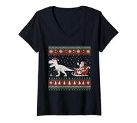 Mujer Funny Santa Sleigh Riding Dinosaur T-Rex Christmas Costume Camiseta Cuello V