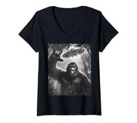 Mujer Funny Sasquatch Bigfoot Rock On Selfie con platillo alienígena OVNI Camiseta Cuello V