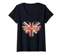 Mujer Funny Saying Live Forever Grunge con la Bandera del Reino Unido en Forma de corazón para Mujeres y Hombres Camiseta Cuello V