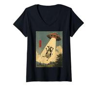 Mujer Funny Scared Cow UFO Selfie Alien Nave Espacial Granja Humor Camiseta Cuello V