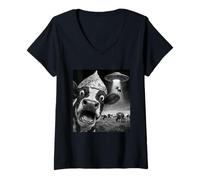 Mujer Funny Shocked Cow OVNI Secuestro Conspiración Teorías Alien Camiseta Cuello V