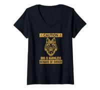 Mujer Funny Sign Caution Beware of Owner Dog Harmless Rough Collie Camiseta Cuello V