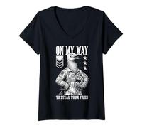 Mujer Funny Silly Seagull Fighter Pilot Bird Roba Tus Papas Fritas Camiseta Cuello V