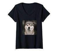 Mujer Funny Smoking Shiba Inu Dog Meme Cigarette Grunge Beanie Camiseta Cuello V