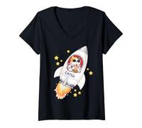 Mujer Funny Space Cat Astronauta Bebiendo Boba Bubble Milk Tea Niños Camiseta Cuello V
