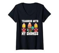 Mujer Funny Teaching with My Gnomies 100 Days of School Gnomes Camiseta Cuello V