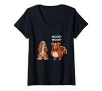 Mujer Funny Thanksgiving English Cocker Spaniel and Turkey Camiseta Cuello V