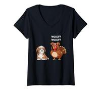 Mujer Funny Thanksgiving Lhasa Apso and Turkey Camiseta Cuello V