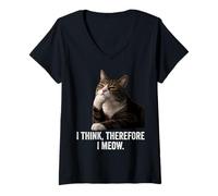 Mujer Funny Thinking Cat - I Think, Therefore I Meow Camiseta Cuello V