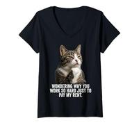 Mujer Funny Thinking Cat - Pay My Rent Camiseta Cuello V