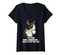 Mujer Funny Thinking Cat - Plotting World Domination After Nap Camiseta Cuello V