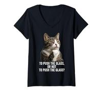 Mujer Funny Thinking Cat - Push The Glass Camiseta Cuello V