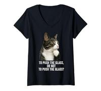 Mujer Funny Thinking Cat - Push The Glass Camiseta Cuello V