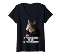 Mujer Funny Thinking Cat - Push The Glass Camiseta Cuello V